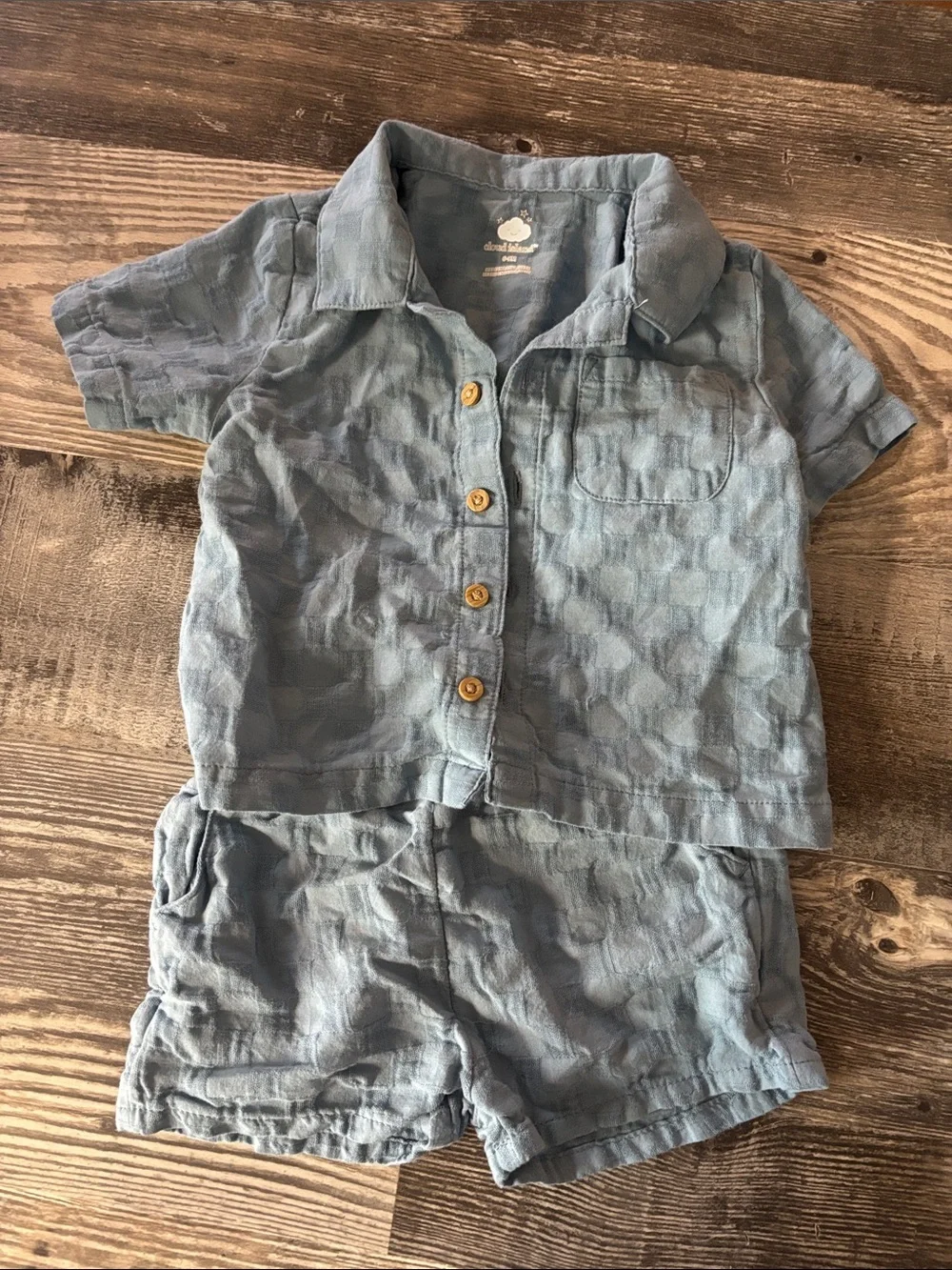Light Blue Linen-Look Baby Shirt & Shorts Set
